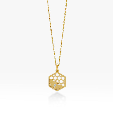 14K Gold Honeycomb Pendant On FIgaro Chain 