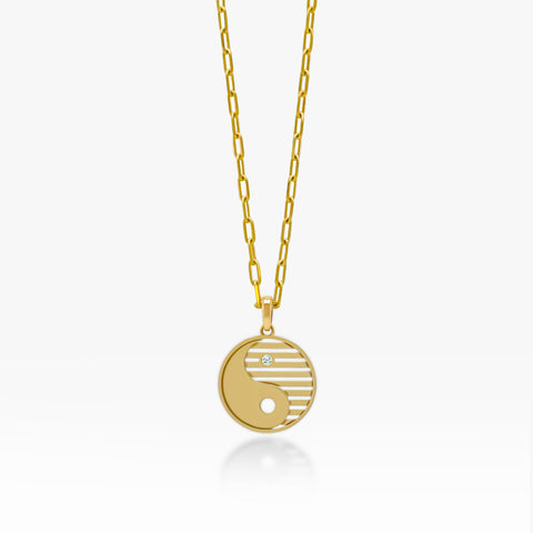 14K Gold Yin Yang Pendant On PaperClip Chain 
