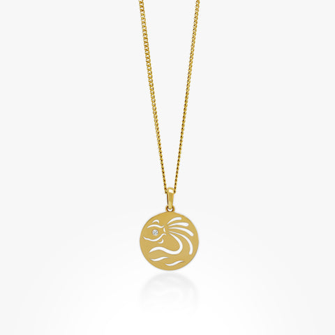 14K Gold Aquarius Pendant Necklace (Curb Chain)