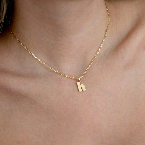Model Wearing Our 14K Gold “H” Initial Pendant Necklace