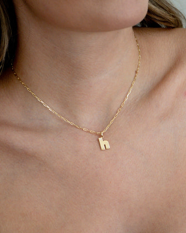 Model Wearing Our 14K Gold “H” Initial Pendant Necklace
