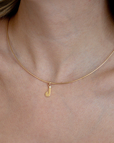 Model Wearing Our 14K Gold “J” Initial Pendant Necklace