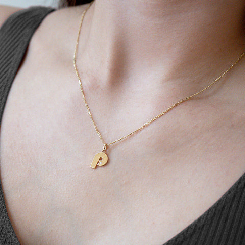 Model Wearing 14K Gold “P” Initial Pendant Necklace