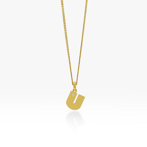 14K Gold “U” Initial Pendant On Gold Curb Chain 