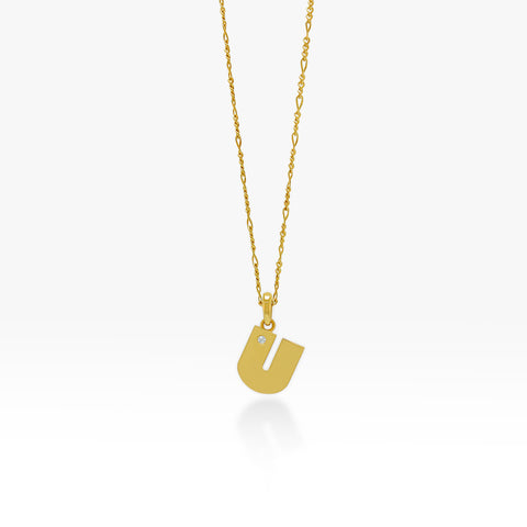 14K Gold “U” Initial Pendant On Gold Figaro Chain 