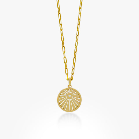14K Gold Soleil Pendant On a Gold Paperclip Chain 