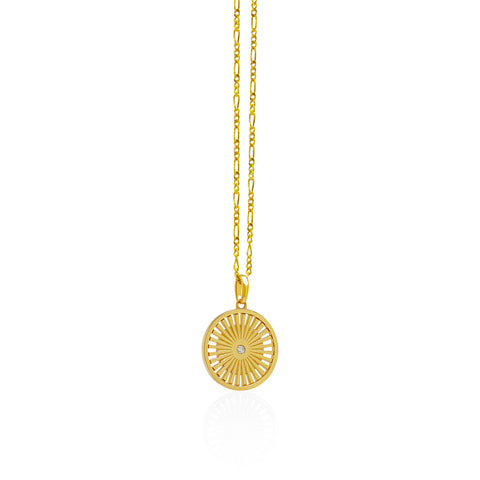 14K Gold Wheel of Karma Pendant On Gold Figaro Chain 
