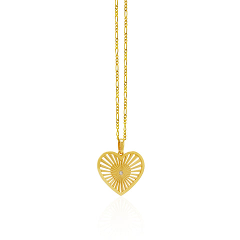 14K Gold Sheen Heart Pendant On Gold Figaro Chain 