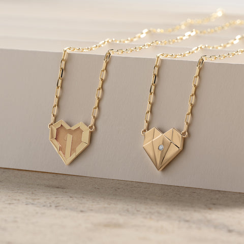 One Year Anniversary Gold Origami Heart Diamond Necklace