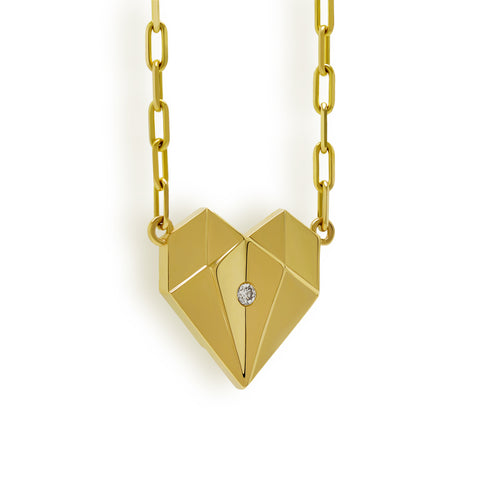 14 karat gold origami heart pendant made from solid yellow gold on a paperclip chain necklace