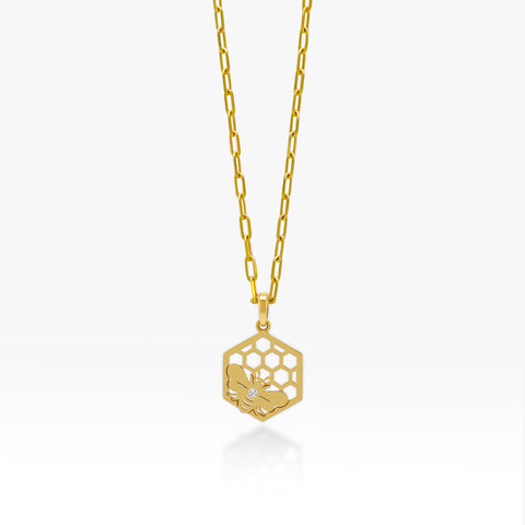 14K Gold Honeycomb Pendant On Paperclip Chain 