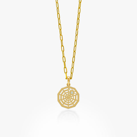 14K Gold Spider Web Pendant On a Gold Paperclip Chain 