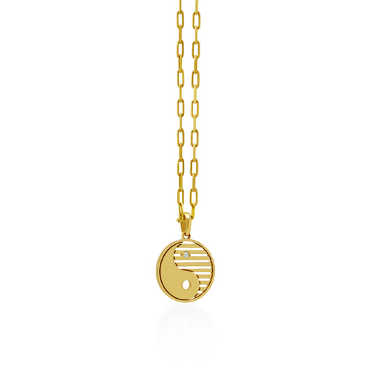 14K Gold Yin Yang Pendant On Gold PaperClip Chain 