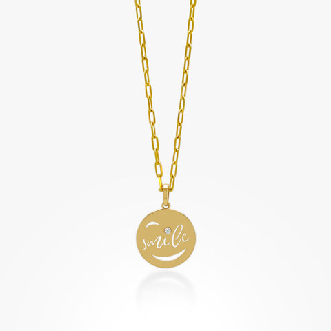 14K Gold Smile Pendant On Paperclip Chain 