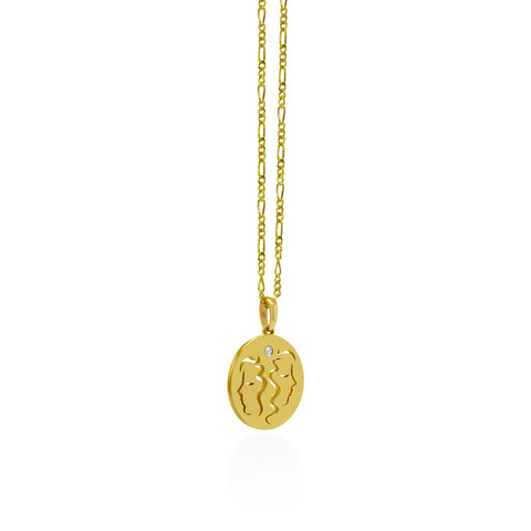 14K Gold Gemini Pendant On a Gold Figaro Chain 