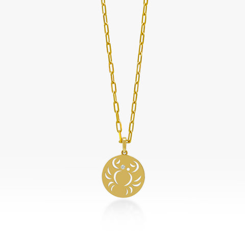 14K Gold Cancer Pendant Necklace (Paperclip Chain)