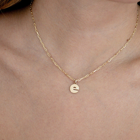 Model Wearing Our 14K Gold “E” Initial Pendant Necklace