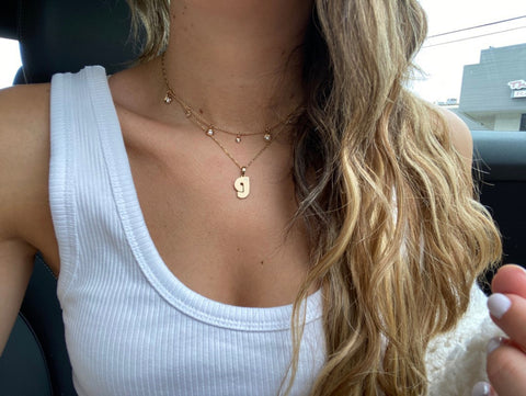Model Wearing Our 14K Gold “G” Initial Pendant Necklace