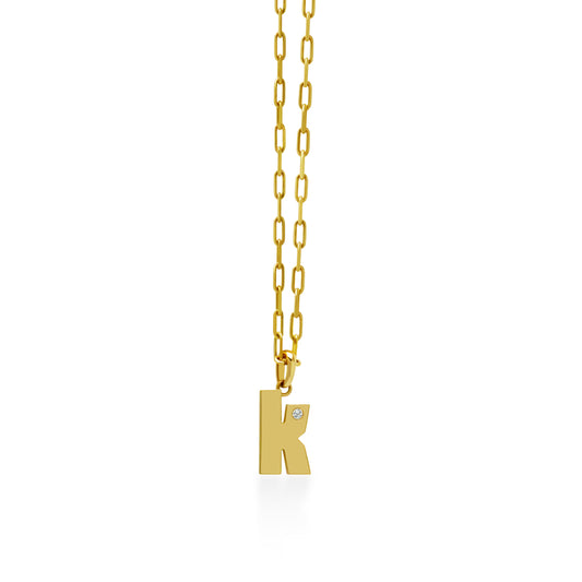 14K Gold “K” Initial Pendant On Gold Paperclip Chain 