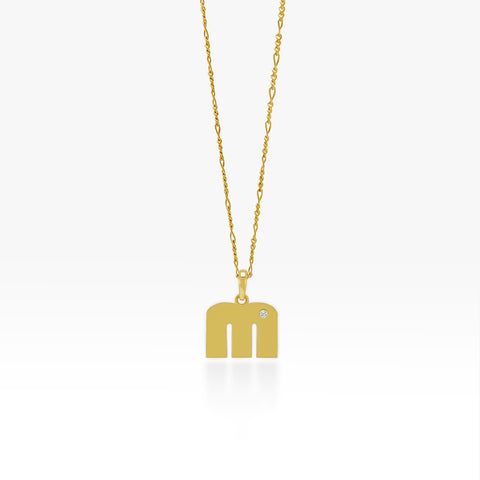 14K Gold “M” Initial Pendant On Gold Figaro Chain 