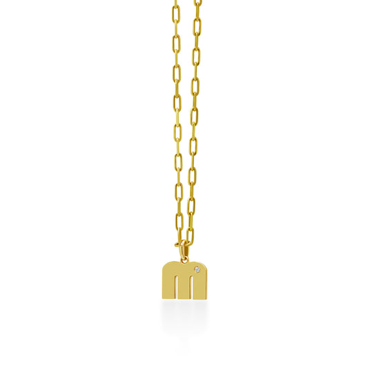 14K Gold “M” Initial Pendant On Gold Paperclip Chain 