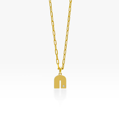 14K Gold “N” Initial Pendant On Gold Paperclip Chain 