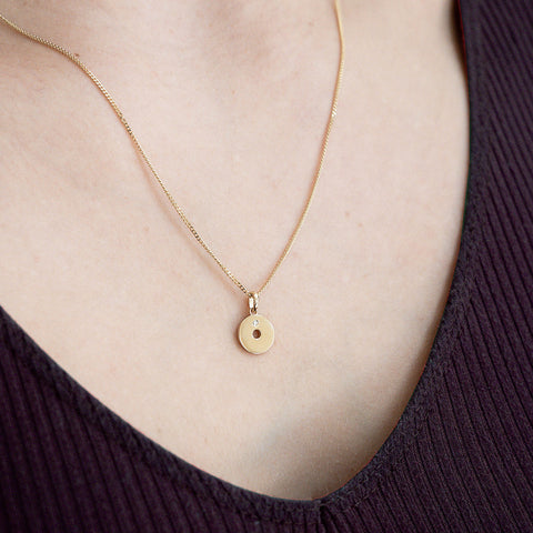 Model Wearing 14K Gold “O” Initial Pendant Necklace