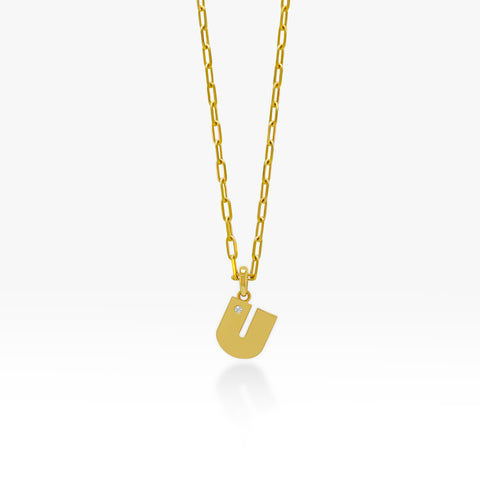14K Gold “U” Initial Pendant On Gold Paperclip Chain 