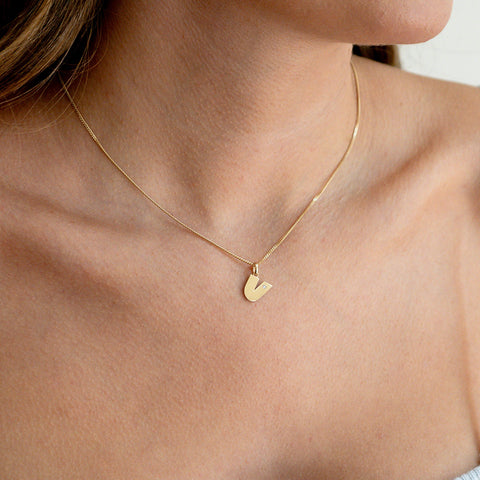 Model Wearing 14K Gold “V” Initial Pendant Necklace