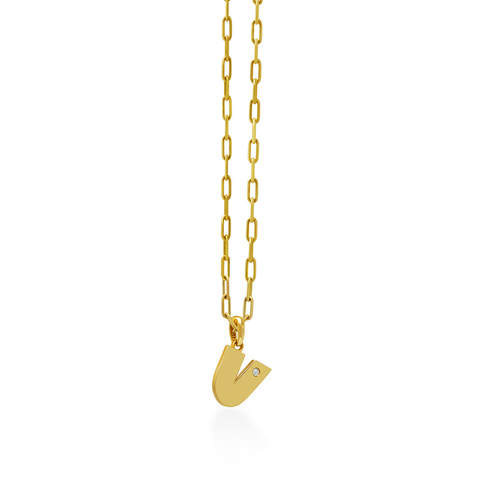 14K Gold “V” Initial Pendant On Gold Paperclip Chain 