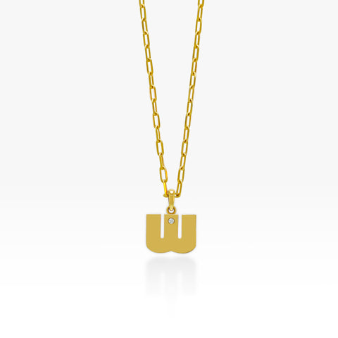 14K Gold “W” Initial Pendant On Gold Paperclip Chain 