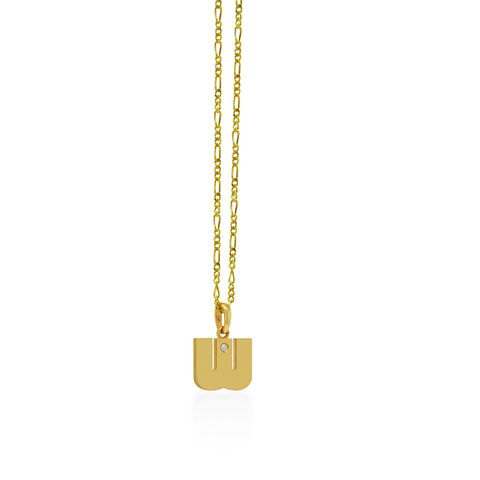 14K Gold “W” Initial Pendant On Gold Figaro Chain 