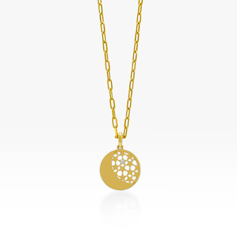 14K Gold Celestial Pendant Necklace (Paperclip Chain)