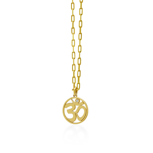 14K Gold Om Pendant Necklace On Paperclip Chain 