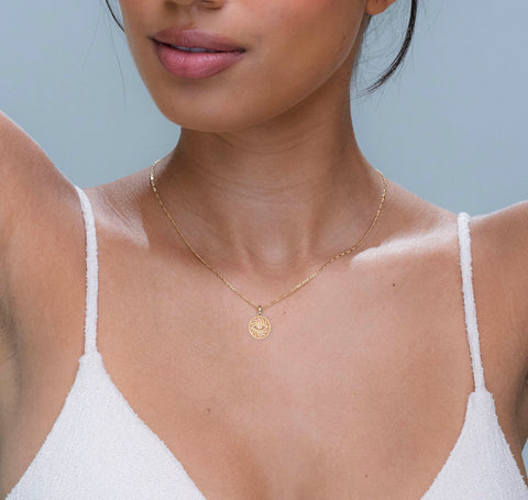 Female Model with 14K Gold Evil Eye Pendant Necklace