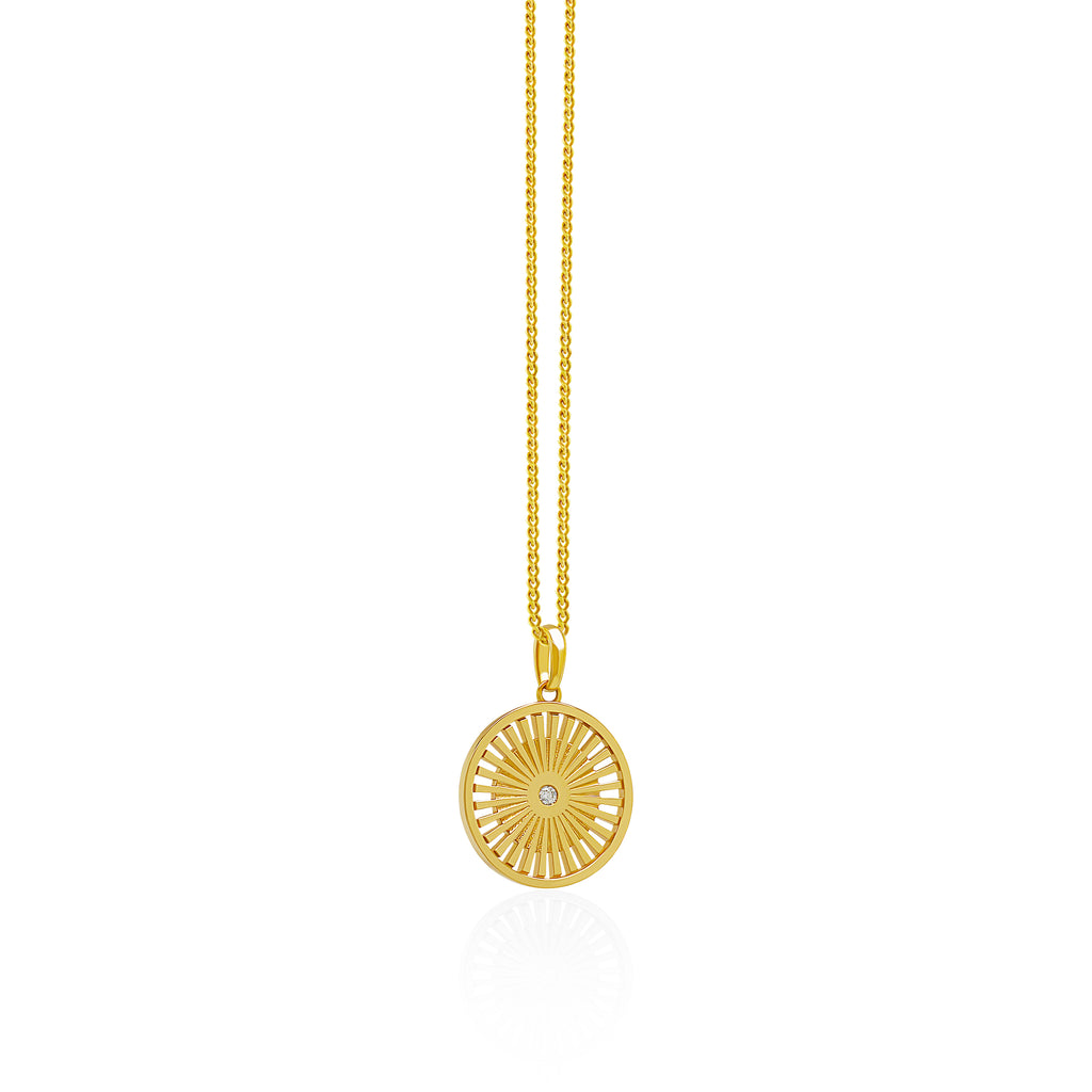 14K Gold Wheel of Karma Pendant On Gold Curb Chain 