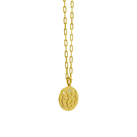 14K Gold Gemini Pendant With Paperclip Chain 