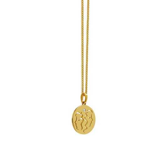 14K Gold Gemini Pendant Necklace With Gold Curb Chain 